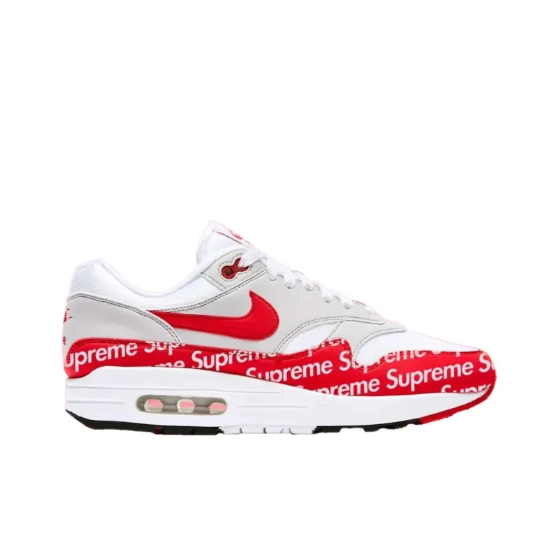 Supreme x Nike Air Max 1 Low Top Casual Running Shoes Unisex White Gray Red-1