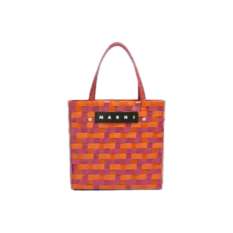 MARNI MARKET Letter Patch Woven Design Tote Bag, Shopping Bag, Handbag Mini Women's Fuchsia & Pink-0