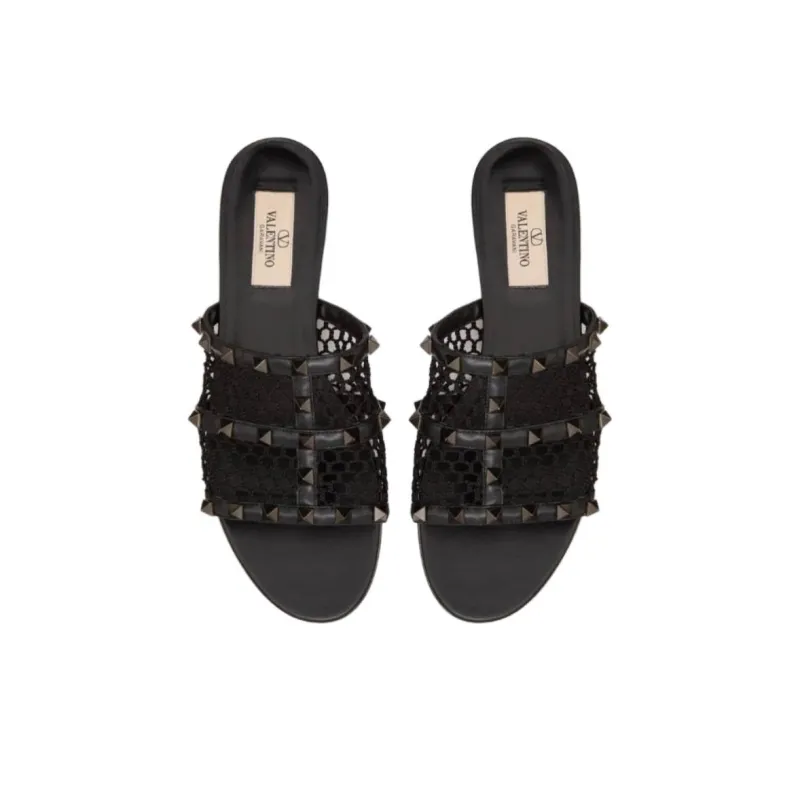 Valentino ROCKSTUD Slide Slippers Women's Black Gold-4
