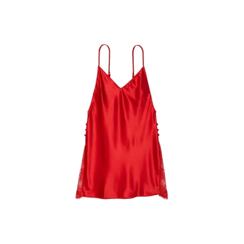 Victoria's Secret Satin Plunge Lace Inset Slip / Lipstick Nightgown Women's Red