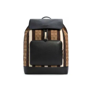COACH Fabric Backpack Large Size Men's Khaki Brown And Black Color-Blocking