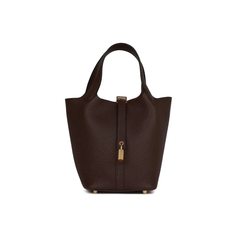 HERMES Picotin Clemence Bullock Leather Basket Bag Handbag Bucket Bag Women's 3W Prunoir Dark Reddish Purple-0