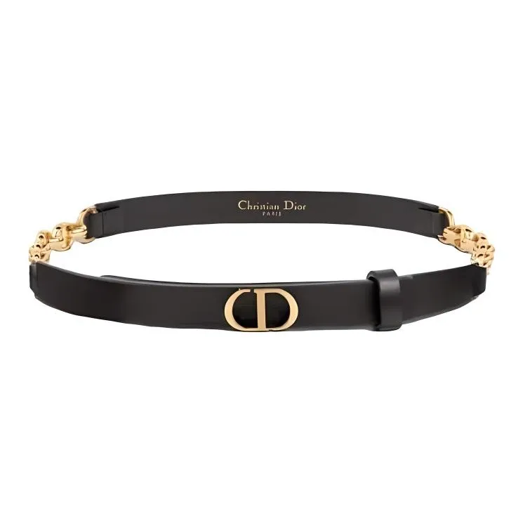 DIOR Emblem Smooth Buckle Design Calfskin, Brass Leather Belts Women's Black-0