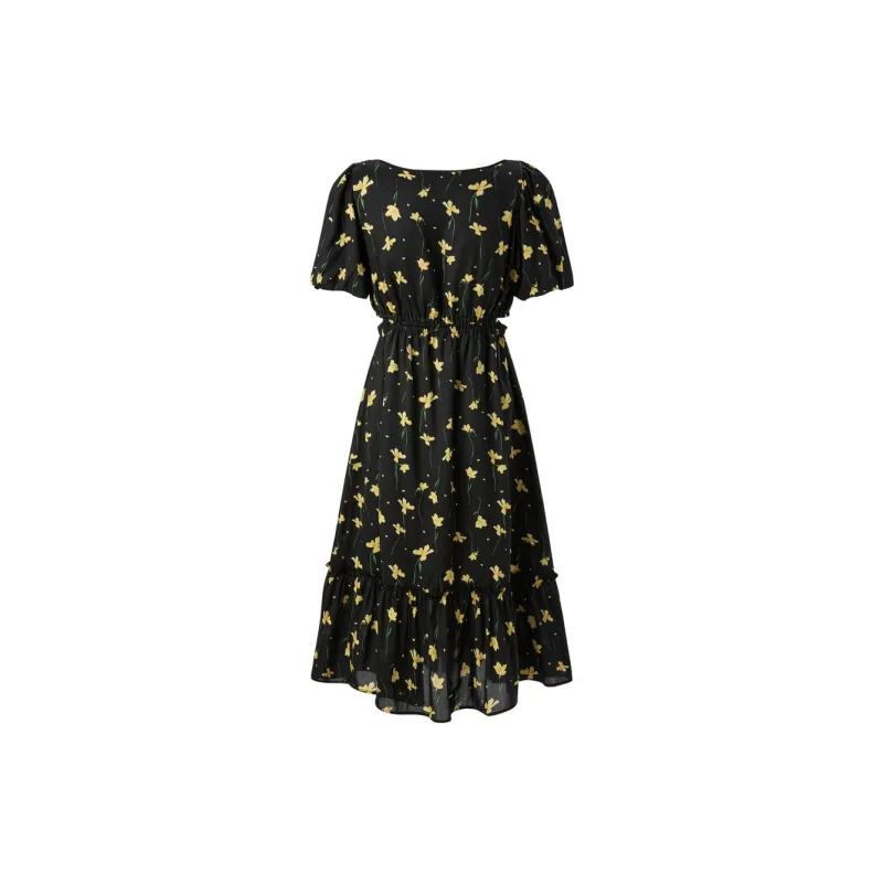 PEACEBIRD Short Sleeved Dress Women's Black Pattern-1
