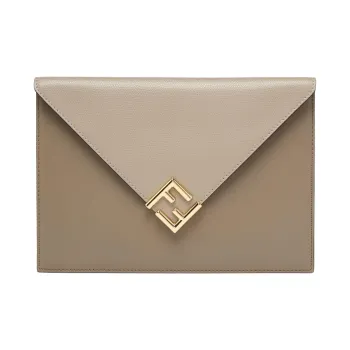 FENDI FF Diamonds Series Calfskin Clutch Large Size Women's Gray Dove Gray