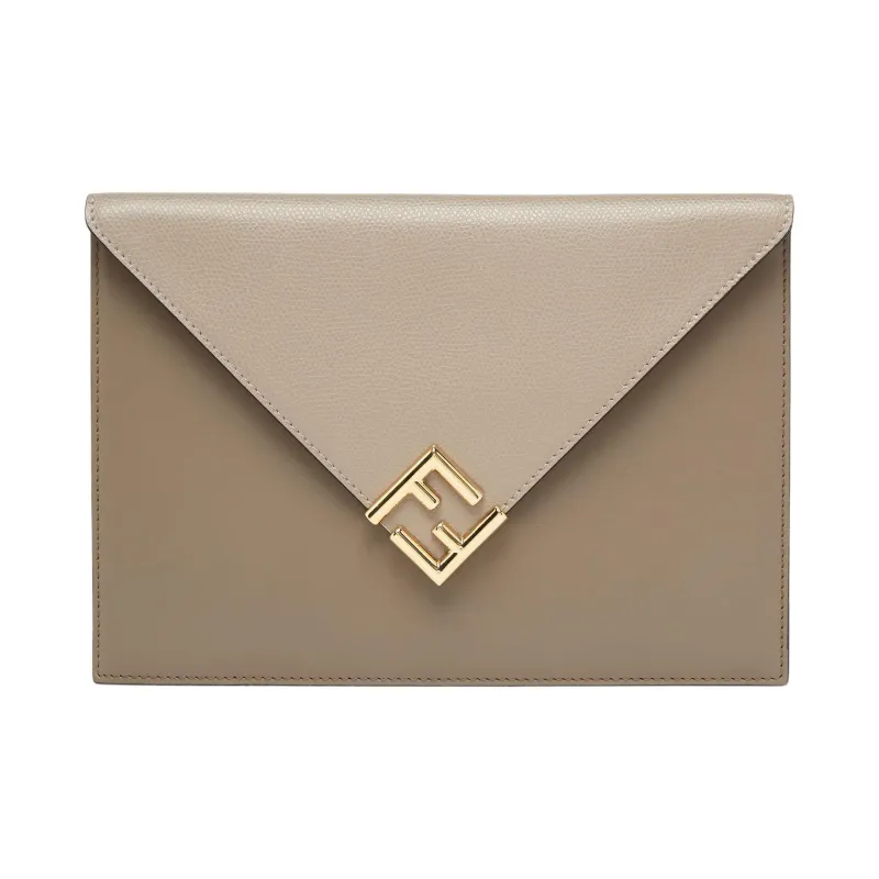 FENDI FF Diamonds Series Calfskin Clutch Large Size Women's Gray Dove Gray-0