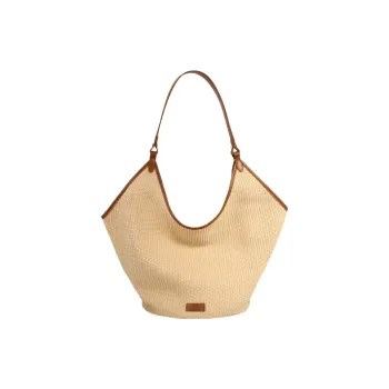 YOCAMU Straw Woven Patchwork Cow Split Leather Shoulder Bag Regular Women's Brown/Black