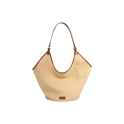 YOCAMU Straw Woven Patchwork Cow Split Leather Shoulder Bag Regular Women's Brown/Black