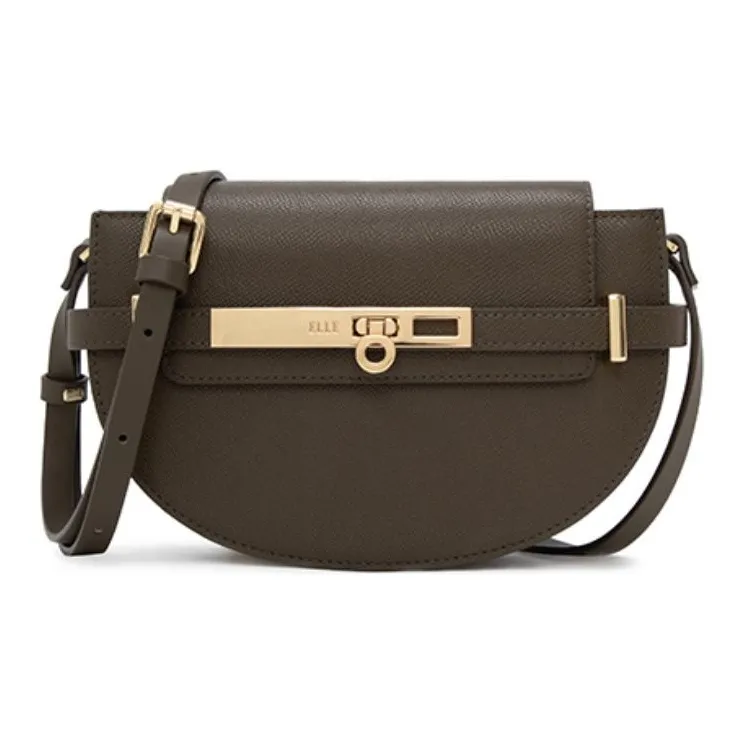 ELLE Cow Leather Saddle Bag Crossbody Shoulder Bag Women's Gray/Olive Green/Coffee-0