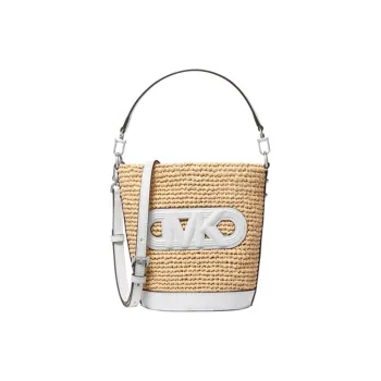 MICHAEL KORS Fabric+Artificial Leather Bucket Bag, Crossbody Handbag Small Size Women's Natural & White