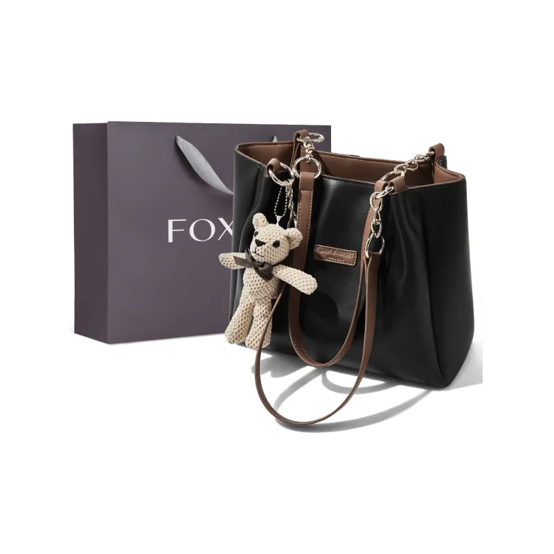 FOXER Cow Leather Tote Bag Shopping Bag Shoulder Bags Regular Large Size Women's White/Brown-5