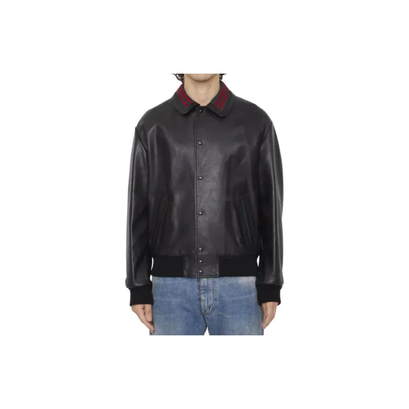GUCCI Web Striped Detail Leather Bomber Jacket-1