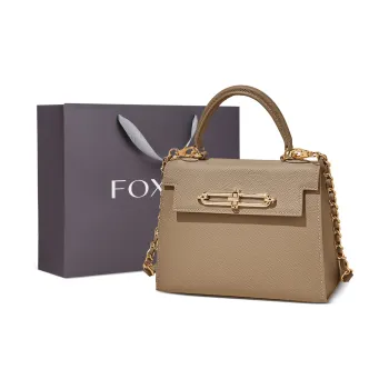 FOXER Cow Leather Kelly Bag, One Shoulder Handbag, Crossbody Bag Trumpets Women's Milk Tea Apricot