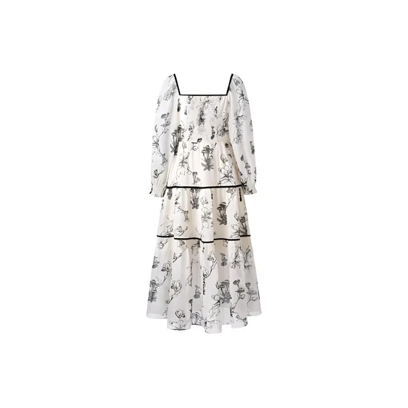 PEACEBIRD Long Sleeved Dress Women's Black Pattern-1