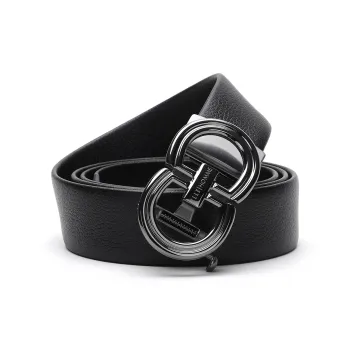 ELLE HOMME Automatic Buckle Trendy Steel Buckle Top Grain Cow Leather Belts Men's Black Width 3.7cm