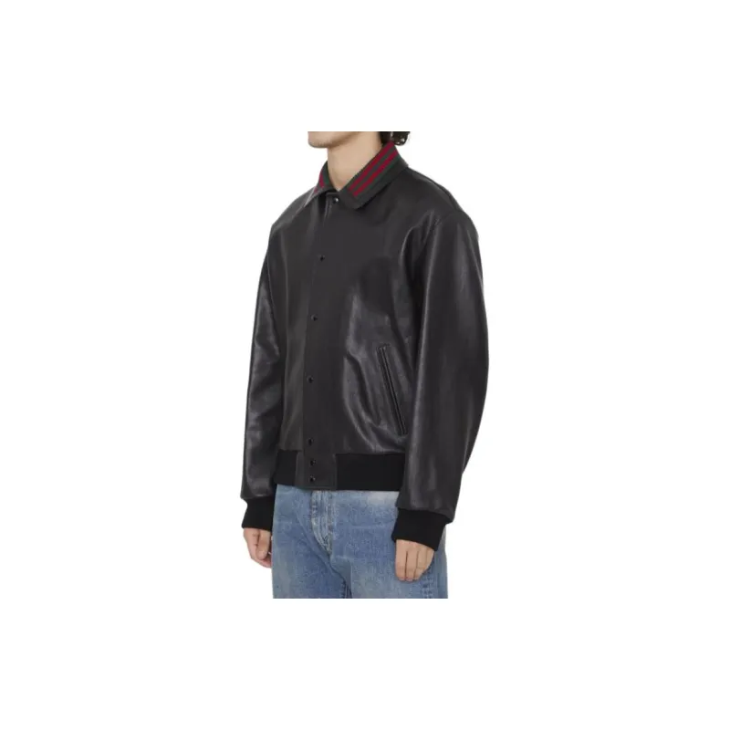 GUCCI Web Striped Detail Leather Bomber Jacket-3