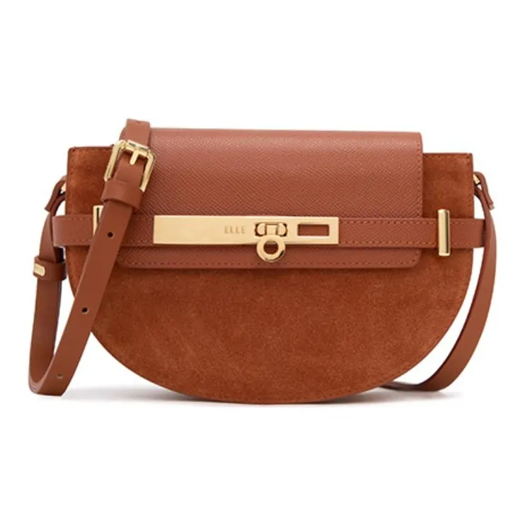 ELLE Cow Leather Saddle Bag Crossbody Shoulder Bag Women's Gray/Olive Green/Coffee-2