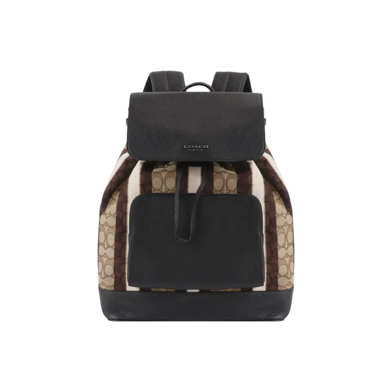 COACH Fabric Backpack Large Size Men's Khaki Brown And Black Color-Blocking-1