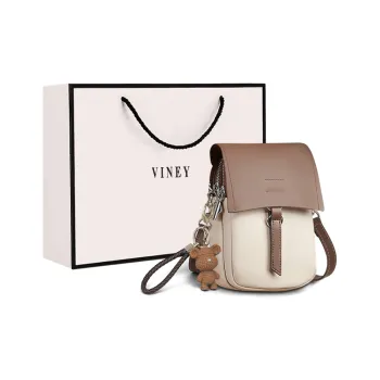 VINEY Cow Leather Shoulder Bag, Crossbody Bag, Cell Phone Pouch Small Size Women's White & Coffee
