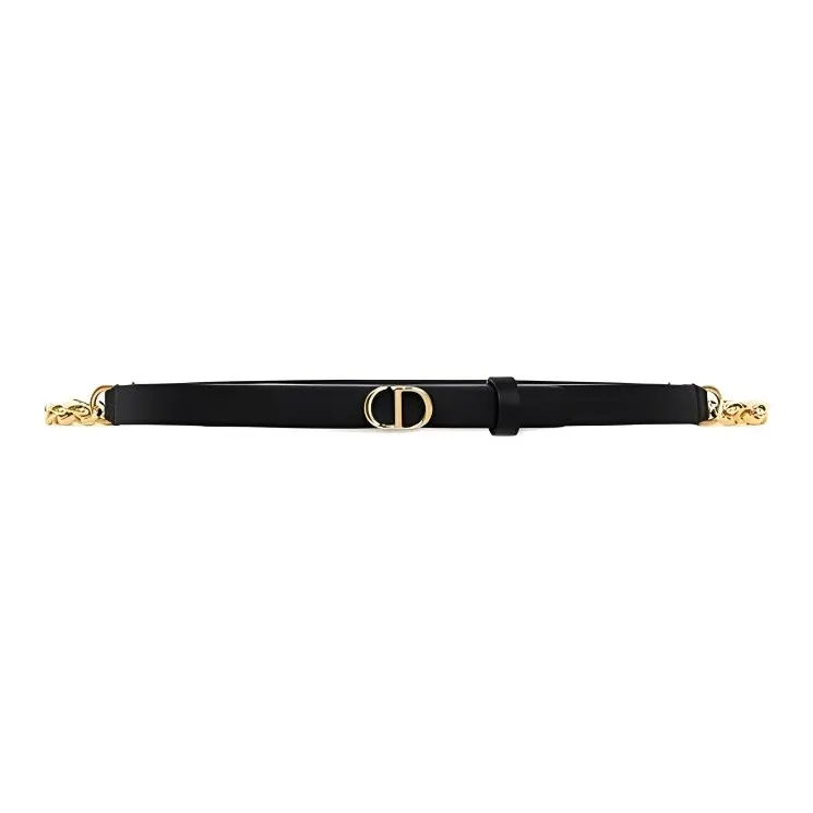 DIOR Emblem Smooth Buckle Design Calfskin, Brass Leather Belts Women's Black-1