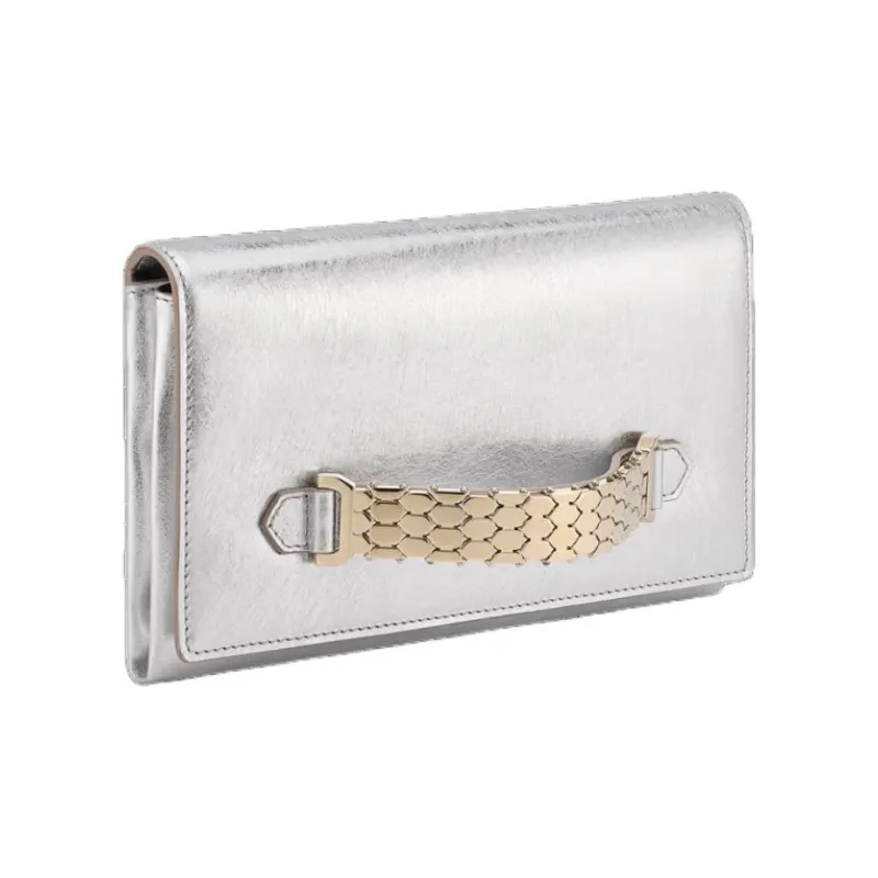 BVLGARI Serpenti Series Calfskin Clutch Small Size Women's Silver-1