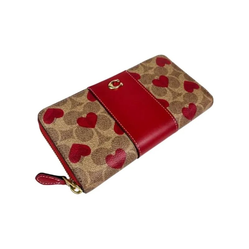COACH Zip Around Canvas With Leather And Calfskin Card Holder Wallet Women's Brown & Red-1