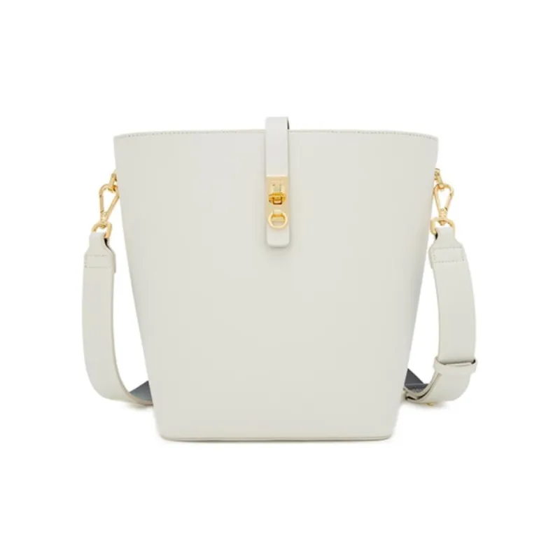 ELLE Cow Leather Bucket Bag Crossbody Handbag Shoulder Bag Women's White/Tan-0