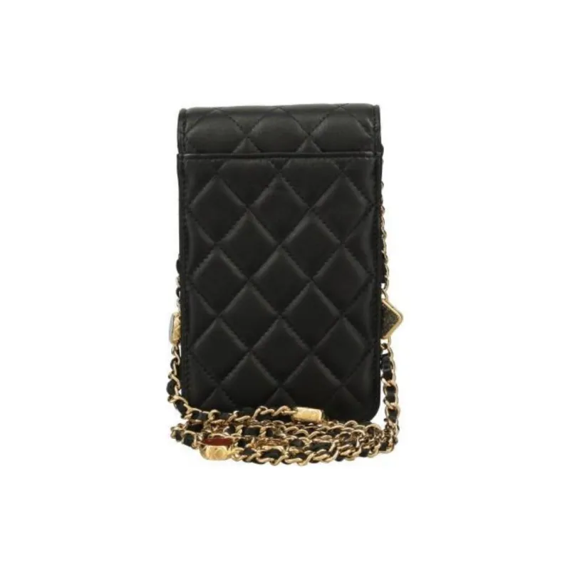 CHANEL Lambskin One Shoulder Crossbody Cell Phone Pouch Women's Black-4