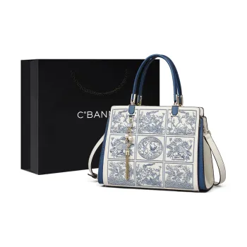 C°BANNER Split Cow Leather With Synthetic Leather Handbag Large Size Women's Blue/Beige Apricot