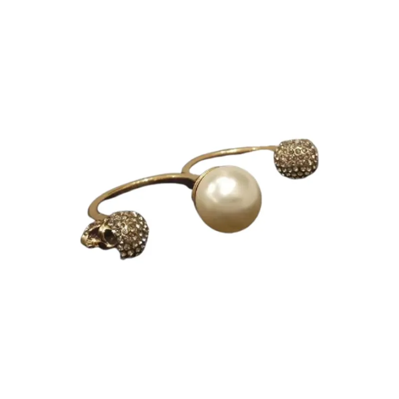 Alexander McQueen Pearl Skull Embellished Double Ring-0
