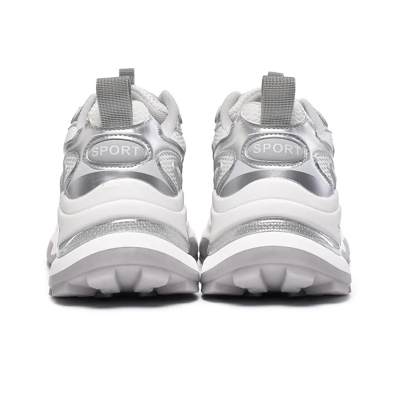 LIANGHUO Cushioning Anti Slip Wear Resistant Breathability Low Top Chunky Sneakers Women's Silver-3