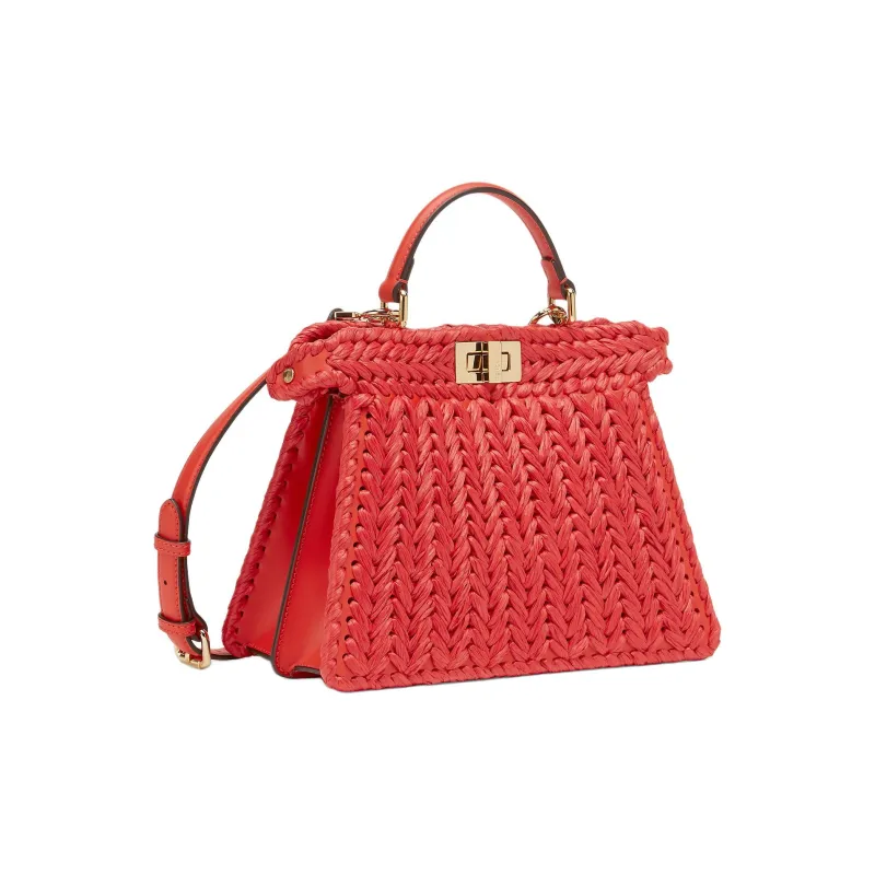 FENDI Peekaboo ISeeU Leather Raffia Palm Fiber One Shoulder Handbags Small Size Women's Red-1