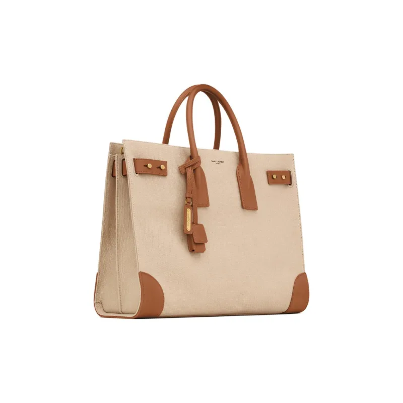 SAINT LAURENT SAC DE JOUR Calfskin With Cotton Tote Bag Shopping Bag Handbag Large Size Men's Beige And Brick Red-1