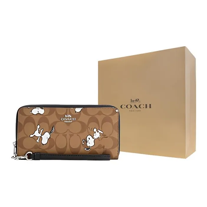 COACH Zip Around Canvas With Leather Wallet Women's Brown-3