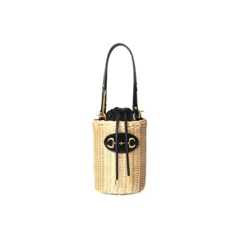 GUCCI Woven Wicker With Leather One Shoulder Handbag Crossbody Bag Small Size Women's Beige/Black/Gold