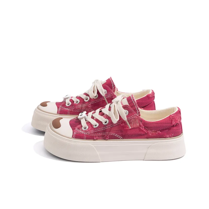 HUANQIU Height Increasing Low Top Canvas Shoes, Skateboard Shoes Women's Rose Red-1