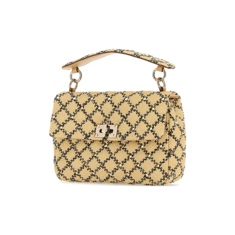 Valentino GARAVANIROCKSTUD SPIKE Raffia With Leather Handbag Medium Size Women's Yellow-1