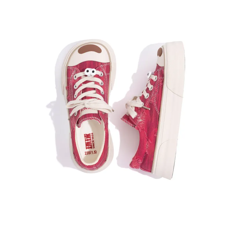 HUANQIU Height Increasing Low Top Canvas Shoes, Skateboard Shoes Women's Rose Red-6