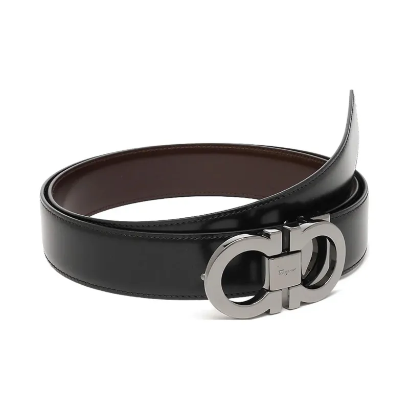 FERRAGAMO Logo Detail, Smooth Buckle Leather Belts Men's Black 3.5CM-0