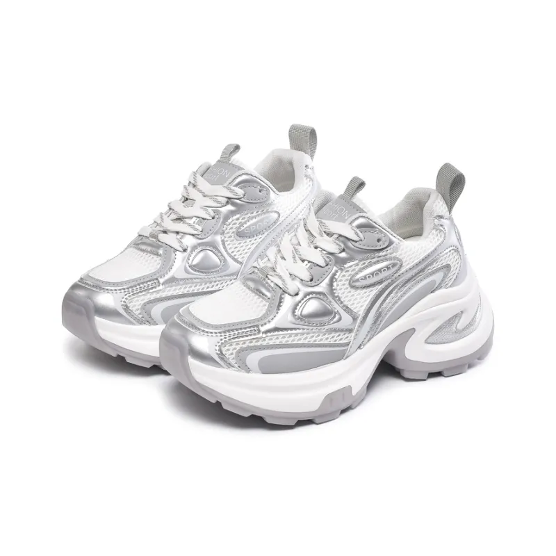 LIANGHUO Cushioning Anti Slip Wear Resistant Breathability Low Top Chunky Sneakers Women's Silver-2