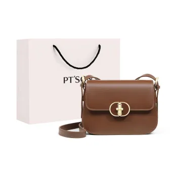 PT'SON Cow Leather With Synthetic Leather Small Square Bag, Crossbody Bag, Shoulder Bag Women's Caramel