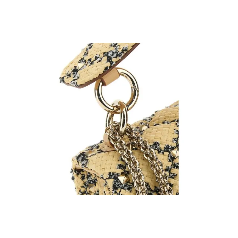 Valentino GARAVANIROCKSTUD SPIKE Raffia With Leather Handbag Medium Size Women's Yellow-3