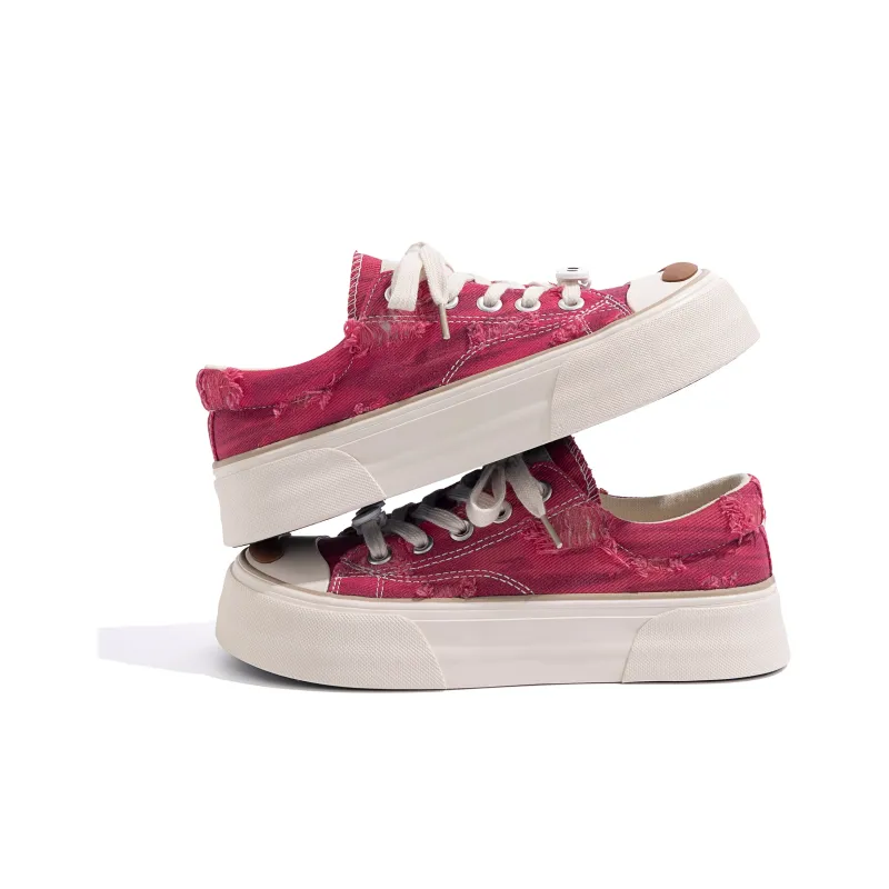 HUANQIU Height Increasing Low Top Canvas Shoes, Skateboard Shoes Women's Rose Red-2
