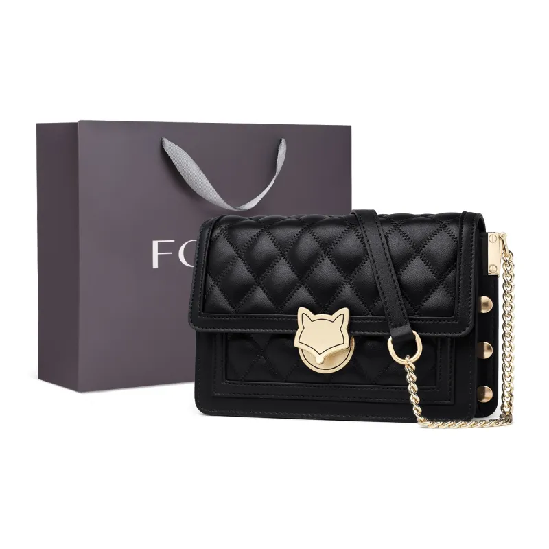 FOXER Cow Leather Small Square Bag Shoulder Bag Trumpets Women's Black-0