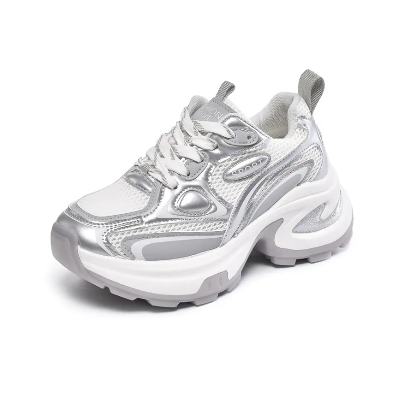LIANGHUO Cushioning Anti Slip Wear Resistant Breathability Low Top Chunky Sneakers Women's Silver-1
