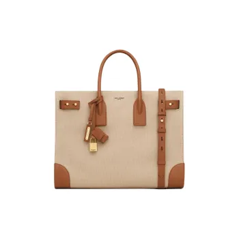 SAINT LAURENT SAC DE JOUR Calfskin With Cotton Tote Bag Shopping Bag Handbag Large Size Men's Beige And Brick Red