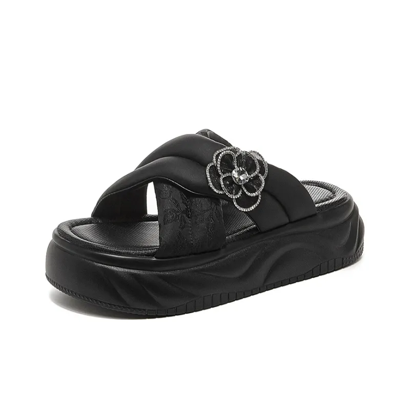 JOSINY PU Polyurethane Cut Out Rhinestone Slip Resistant Slide Slippers Women's-1