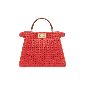 FENDI Peekaboo ISeeU Leather Raffia Palm Fiber One Shoulder Handbags Small Size Women's Red