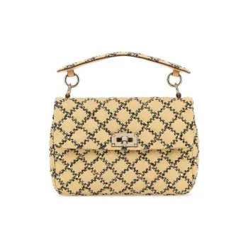 Valentino GARAVANIROCKSTUD SPIKE Raffia With Leather Handbag Medium Size Women's Yellow