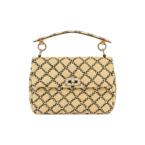 Valentino GARAVANIROCKSTUD SPIKE Raffia With Leather Handbag Medium Size Women's Yellow